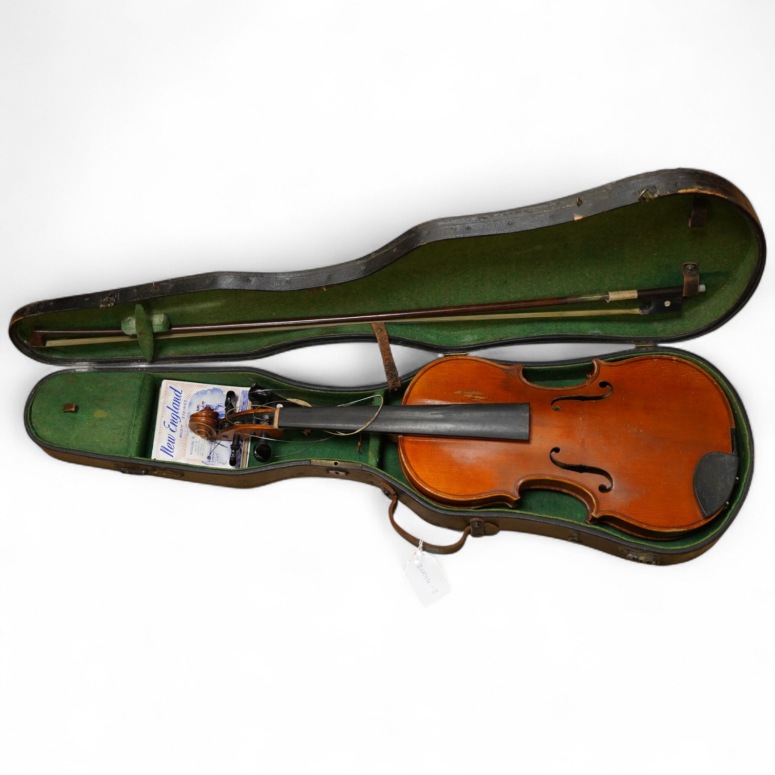 A cased early 20th century violin with an Edward Withers bridge, and a silver mounted bow with ivory tip CITES Submission reference YWHAM9F4